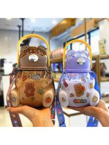 Transparent Motivational Bear  Water Bottle With Handle Includes Prints To Decorate Strap Anti-Drip Band - Brown - View 4
