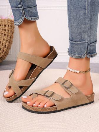 Summer Flat Slippers, Large Size, Open Toe, Decorated With Belt Buckle For Casual Wear