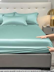 1pc Satin Solid Color Fitted Sheet, Bedroom Use Sea Green Ice Silk Bed Cover, Bedding Set