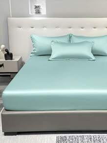 1pc Satin Solid Color Fitted Sheet, Bedroom Use Sea Green Ice Silk Bed Cover, Bedding Set