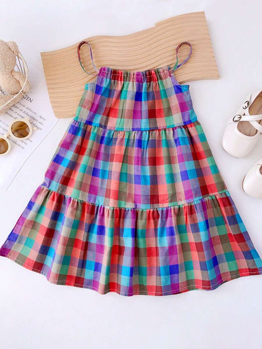 年轻女孩休闲格子印花吊带背心连衣裙，夏季 - 彩色 - 查看 1