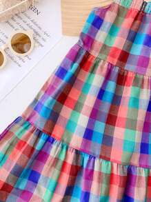 年轻女孩休闲格子印花吊带背心连衣裙，夏季 - 彩色 - 查看 5