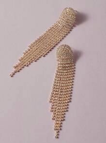 Pendientes largos con diamante de imitación con fleco - Dorado - Ver 4