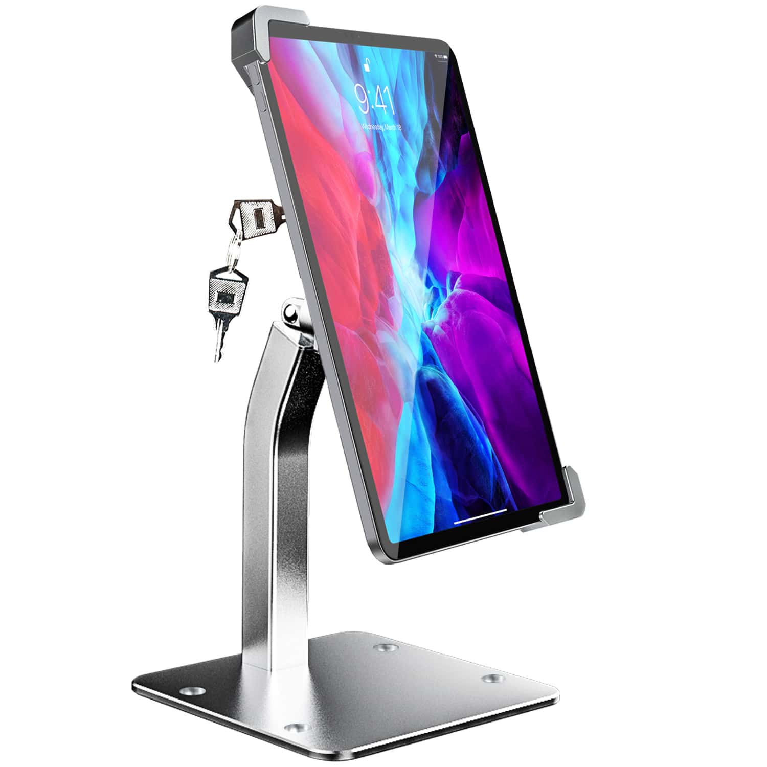 Anti-Theft Tablet Kiosk Stand, Aluminum Alloy With Security Lock And Key 360° Swivel Security IPad Desktop Floor Stand Easy Office Painting Design Comfortable Neck Protector For 7-11 Inch Tablets - Silver - View 1