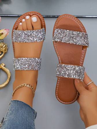 Women's Summer New Style Sandals, Flat Rhinestone Open Toe Slipper, Large Size Casual Beach Shoes
