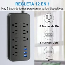 USB Multicontacto, Regleta de 1,2 m, 8 salidas, 3 puertos de carga USB, (5 V / 2 A), 1 puerto Type-C, Conector múltiple, Enchufe de pared con toma de corriente, Regleta para el hogar, oficina, dormitorio, Negro - Negro - Ver 2