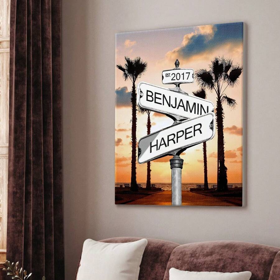 1pc Canvas Wall Art With Names Date Romantic Couple Gift Anniversary