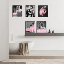 6入組時尚粉黑白帆布海報,現代女性幽默浴室壁畫裝飾,無框 - 粉色 - 查看 7