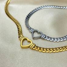 1pc Minimalist Waterproof 14K Gold Plated Stainless Steel Snake Chain Necklace Hollow Heart Design Mother's Day Gift Necklaces Women Party Chunky Jewelry Valentines,Mom,Mother,Mother's Day,Gift