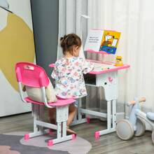 HOMCOM Banco Scuola Con Sedia Per Bambini 6-12 Anni Altezza Regolabile, Lampada LED, Leggio E Portapenne, Acciaio E MDF, Blu - Pink - View 2