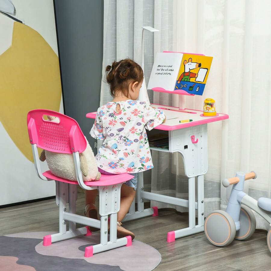 HOMCOM Banco Scuola Con Sedia Per Bambini 6-12 Anni Altezza Regolabile, Lampada LED, Leggio E Portapenne, Acciaio E MDF, Blu