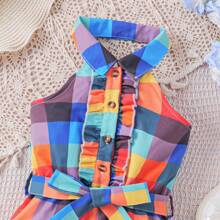 Rompers de cuadros coloridos con estilo callejero y tirantes para niña en verano - Multicolor - Ver 4