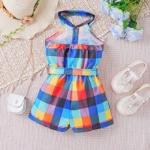 Rompers de cuadros coloridos con estilo callejero y tirantes para niña en verano - Multicolor - Ver 3