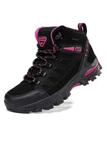 Couple Anti-Skid Breathable High-Top Hiking Shoes For Spring And Autumn Outdoor Sports, Men's Climbing Shoes And Women's Hiking Shoes, Black/Magenta Red