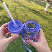 獨角獸圖案吸管杯,帶手柄的便攜式紫色塑料水瓶,戶外旅行水壺 - 紫色 - 查看 9