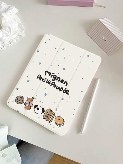 可愛熊餅幹圖案防摔矽膠平板電腦套,配筆槽和睡眠/喚醒功能支援,適用於三星、華為、小米、ipad等品牌設備