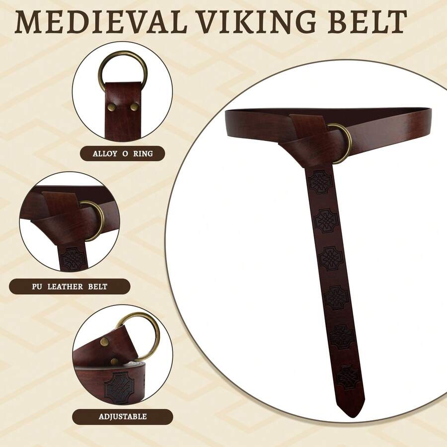 Thắt lưng Viking thời trung cổ Halloween dành cho nam Thắt lưng hiệp sĩ thời Phục hưng bằng da PU dập nổi Thắt lưng vòng tròn O Trang phục Viking Phụ kiện LARP - A - Xem 1