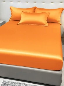 1pc Satin Plain Fitted Sheet And 1pc Orange Ice Silk Bed Cover For Bedroom, Bedding Set