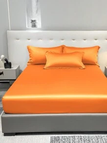 1pc Satin Plain Fitted Sheet And 1pc Orange Ice Silk Bed Cover For Bedroom, Bedding Set