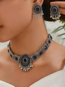 1 chiếc vòng cổ nhỏ giọt phong cách cổ điển thời trang đơn giản và 1 đôi bông tai nhỏ giọt cá nhân hóa cổ điển dành cho nữ - Màu Bạc Cổ - Xem 3