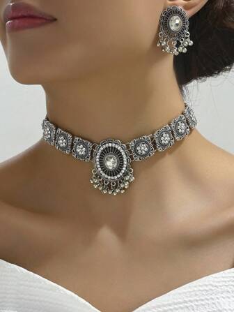 1pc Fashionable Vintage Style Simple Drip Necklace And 1pair Retro Personalized Drip Earrings For Women