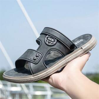 Men's Pu Leather Open Toe Dual-Purpose Slides, Anti-Slip Beach Slippers