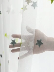 1pc Green Embroidered Star Sheer Curtain, Suitable For Children Girls Bedroom, Living Room, Birthday Party Decoration - Multicolor - View 4