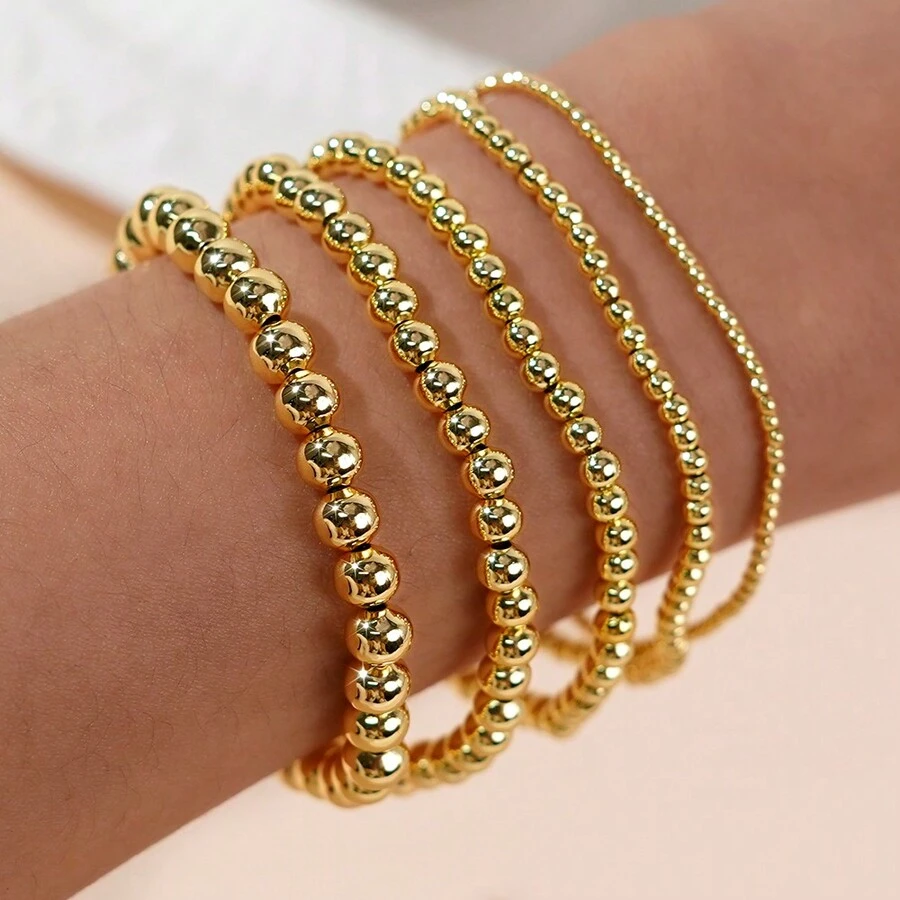 Bộ trang sức nữ 5 món phong cách Boho nghỉ dưỡng, vòng tay hạt đồng co giãn, mới mẻ, thanh lịch, nhỏ nhắn, thích hợp cho nữ đeo hàng ngày hoặc làm quà tặng.