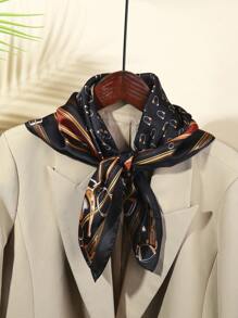 1條印花鍊條圖案絲巾頭巾,適用於女士,可用作腰帶、包裝飾、頭帶或頭巾,以人造絲製成 - 黑色 - 查看 1