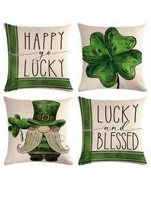 4 cái/bộ Ngày St. Patrick Four-leaf Clover Màu xanh lá Mũ Hoa văn kẻ sọc Trang trí Vỏ gối ( Gối Cốt lõi Không bao gồm ) Đối với Nhà  Sofa Đồ trang trí - Nhiều màu - Xem 2