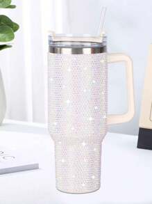 1pc 40oz Handle Car Sticker Diamond Decor Stainless Steel Vacuum Insulated Cup With Straw - White - View 10