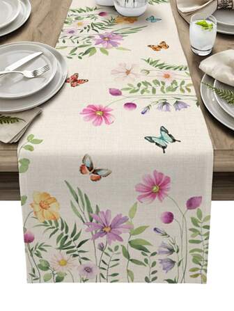 Spring Flower Butterfly Linen Table Runners Holiday Party Decorations Washable Farmhouse Kitchen Dining Table Runners Wedding Decorations