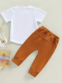 Baby Boy Letter Print Short Sleeve Top And Plain Sports Pants Set