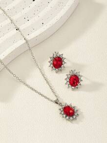 Conjunto De Collares Y Aretes De Estilo Europeo Y Americano Con Diseño Floral Incrustado Con Piedras Preciosas Y Diamantes De Imitación Rojos, Accesorios De Moda Elegantes Para Uso Diario De Damas - Rojo - Ver 3