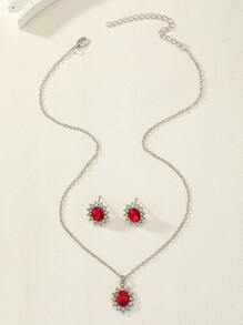 Conjunto De Collares Y Aretes De Estilo Europeo Y Americano Con Diseño Floral Incrustado Con Piedras Preciosas Y Diamantes De Imitación Rojos, Accesorios De Moda Elegantes Para Uso Diario De Damas - Rojo - Ver 2