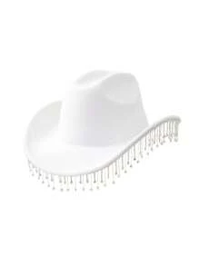 Party 1pc Jean Cowboy Hat For Women With Elegant Rhinestone & Tassel Decor Wide Brim Jazz Hat For Music Festival, Stage Performance, Wedding And Bridesmaid Gift Cowboy Hat Cowgirl Hat - Multicolor - View 10