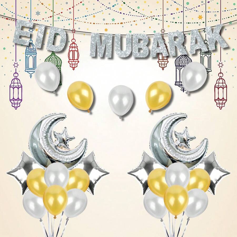 kumozawa 33pcs Mubarak Decoration Banner Set, Gold-Color Moon & Star Shaped Balloons, Party Supplies - Silver - View 1