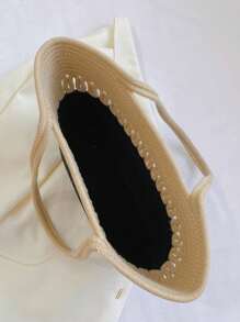 1個純色時尚編織草包，帶有文學風格，大容量和編織繩手柄，適用於女性日常使用，假期和休閒 - 黑色 - 查看 3