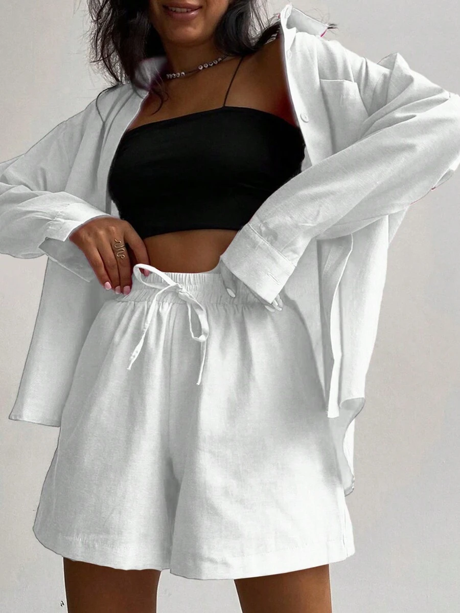 Conjunto De Camisa De Manga Corta Y Pantalones Cortos De Color Sólido Para Mujer Relajado, transpirable y con bolsillos - Blanco - Ver 1