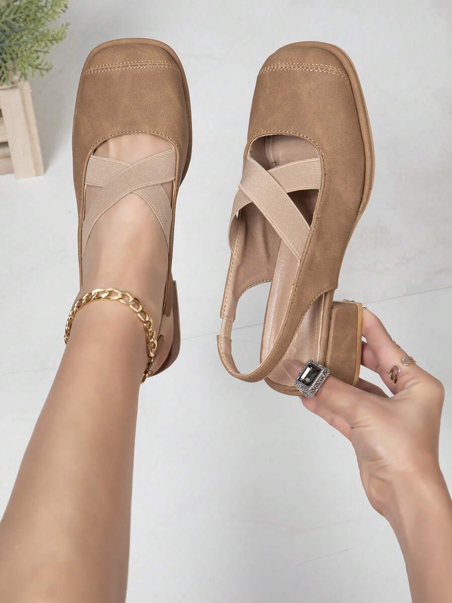 2024 春夏复古交叉绑带芭蕾舞凉鞋，女式玛丽珍鞋，方头，踝带，低鞋面，粗跟 - 卡其色 - 查看 1