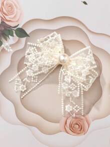 1pc Elegant Lace & Pearl Bow Hair Clip - Beige - View 2