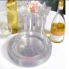 20pcs Clear Glitter Hard Plastic Round Plates, Dessert & Cake Serving Tray, Reusable & Washable Plastic Tableware, Perfect For Parties - Glitter Transparent - View 2
