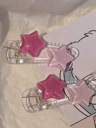 2pcs/Set Jelly Bead & Glitter Star Decoration Sweet Simple Hair Clip, Pink & Transparent Street Tiarasy2k Claw Clips Hair Claws Hair Barrettes, School Stuff, Pink Hair Clips, Cute Accessories, Hair Accessories