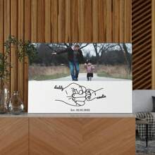 1pc Canvas Wall Art With Custom Photo, Kid's Name And Date Daddy And Me Hand Drawn Fist Bump Design Father's Day Gift Funny Birthday Gift For Dad From Daughter Son Modern Artwork Painting Framed 4 Sizes Optional Canvas For Living Room Bedroom Bathroom Dinning Room Home Office Wall Decor Gifts Graduation