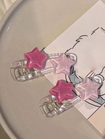 Set de 2 pasadores de pelo con decoración de cuentas de gelatina y estrellas de brillo, estilo dulce y sencillo, en color rosa y transparente. Pasadores de pelo tipo pinza para la escuela, accesorios lindos para el cabello.