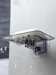 1pc Drain Soap Holder, Wall Mounted, No-Drill, Plastic Soap Dish With Water Filtering Function For Bathroom, Kitchen - Grey - View 2