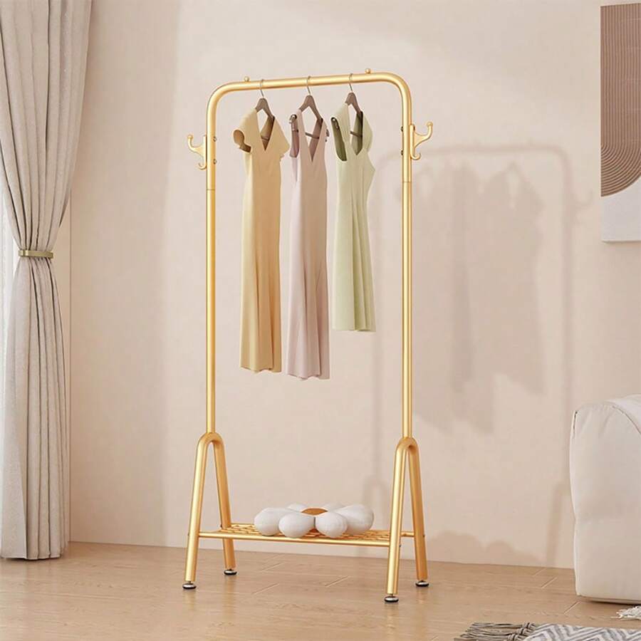 LIVINGANDHOME Living And Home Freestanding Gold Clothes Rack With Bottom Shelf,Portable Clothes Rail With Hook And Metal Storage Shelf,Hanging Rial For Bedroom And Living Room - Gold - View 1
