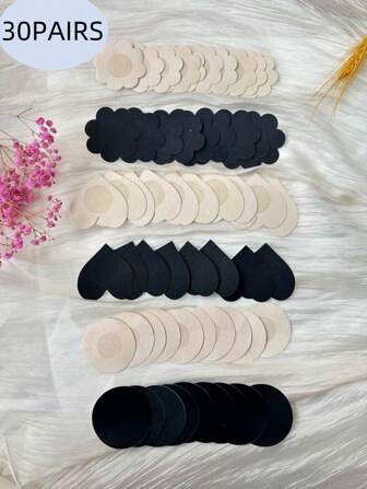 30pairs Women's Summer Disposable Silicone Nipple Covers With Breathable Non-Woven Fabric And Raised Dot, Including 5 Pairs Of Round, Flower And Heart-Shaped In Both Black And Apricot Color