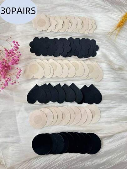 30 Pairs Women's Accessories Nipple Covers, Round Floral & Heart Shaped Disposable Non-Woven Silicone Invisible Pasties, Chafing Pads, Sweat Absorbing Stickers, Black & Beige 5 Pairs Each