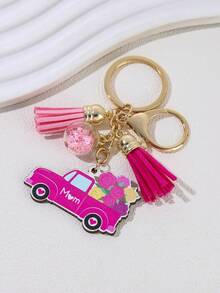 Móc khóa tua rua hình bông hoa màu hồng dễ thương hình ngôi nhà trái tim với chất liệu hợp kim, món quà tuyệt vời cho ngày của mẹ - Màu Hồng Tươi - Xem 2